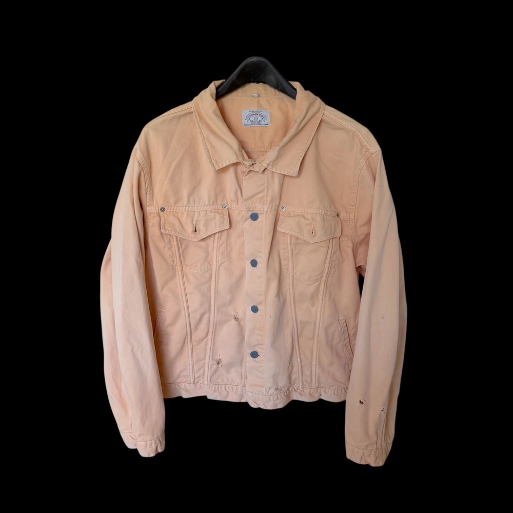 90's Armani Jeans Distressed‎ Denim Trucker Jacket Peach Orange XL Vintage Style